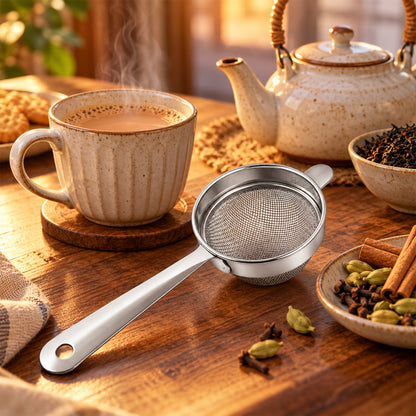 Apex Stainless Steel Tea Strainer with Long Handle, Fine Mesh Chai Chalni (1 Pc)