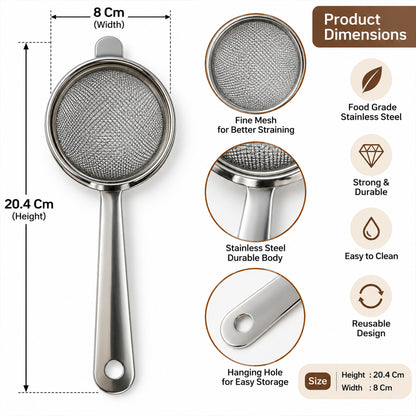 Apex Stainless Steel Tea Strainer with Long Handle, Fine Mesh Chai Chalni (1 Pc)