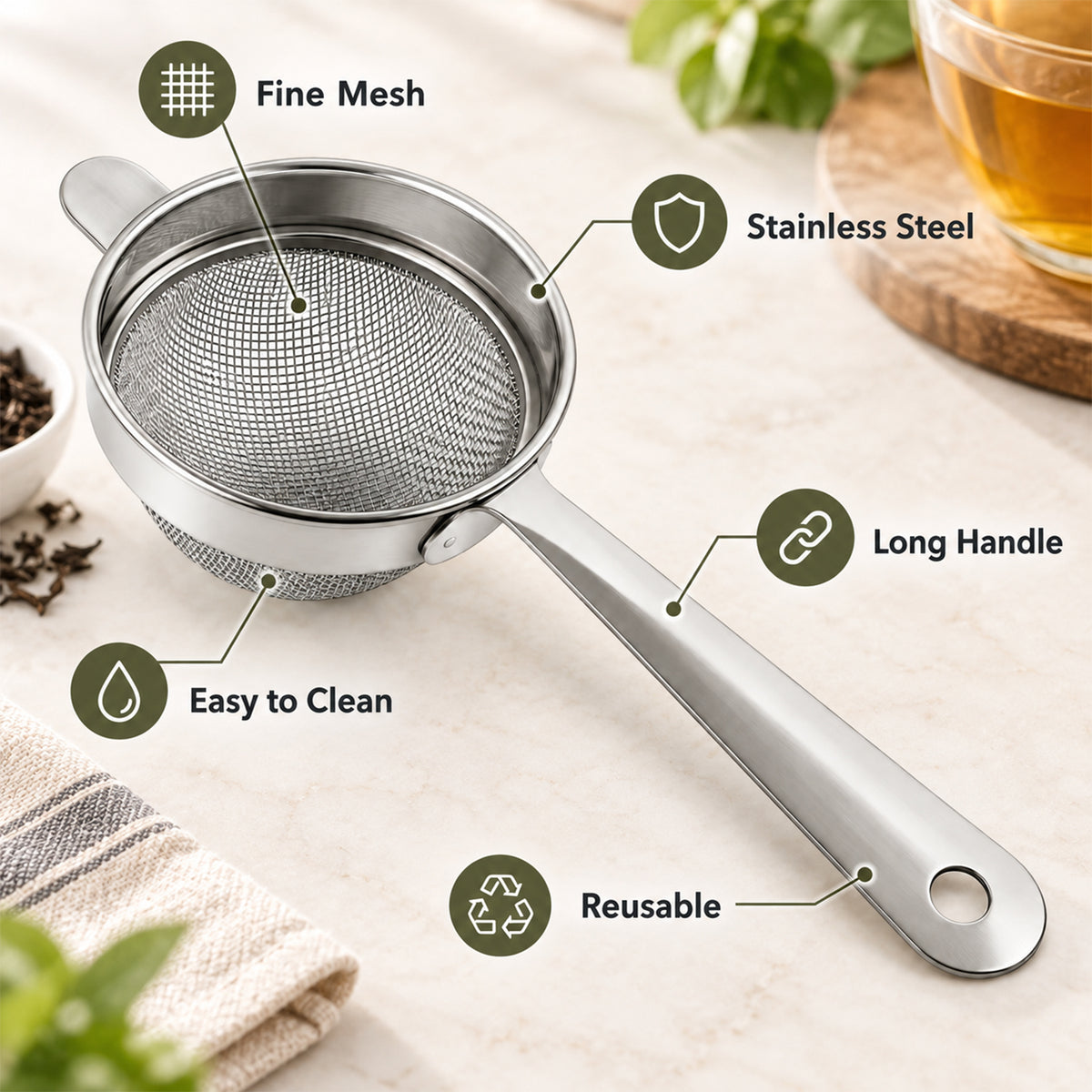 Apex Stainless Steel Tea Strainer with Long Handle, Fine Mesh Chai Chalni (1 Pc)