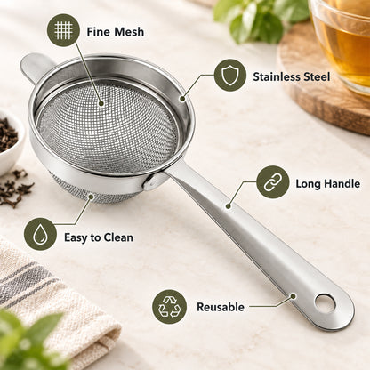 Apex Stainless Steel Tea Strainer with Long Handle, Fine Mesh Chai Chalni (1 Pc)