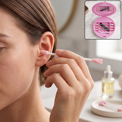 Reusable Silicone Cotton Swab Set with Mirror Case Washable Ear Buds (1 Set)