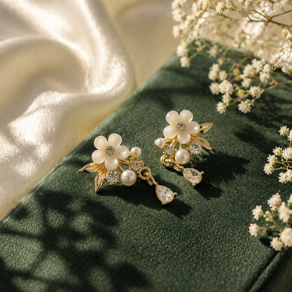 Gold-plated floral pearl earrings displayed on white background
