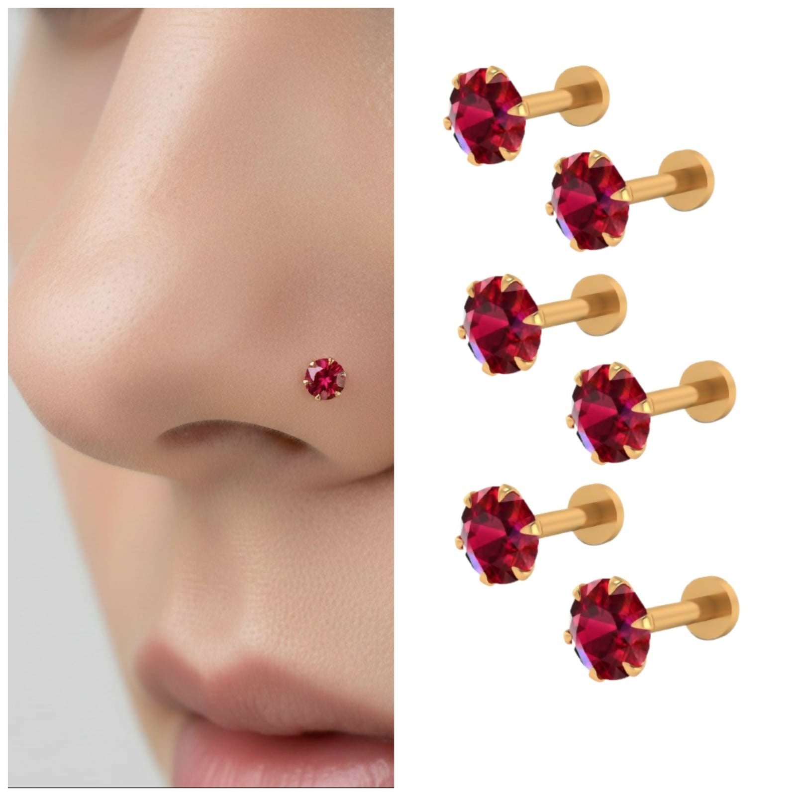 Ruby nosepin stud with gold plating and round red crystal