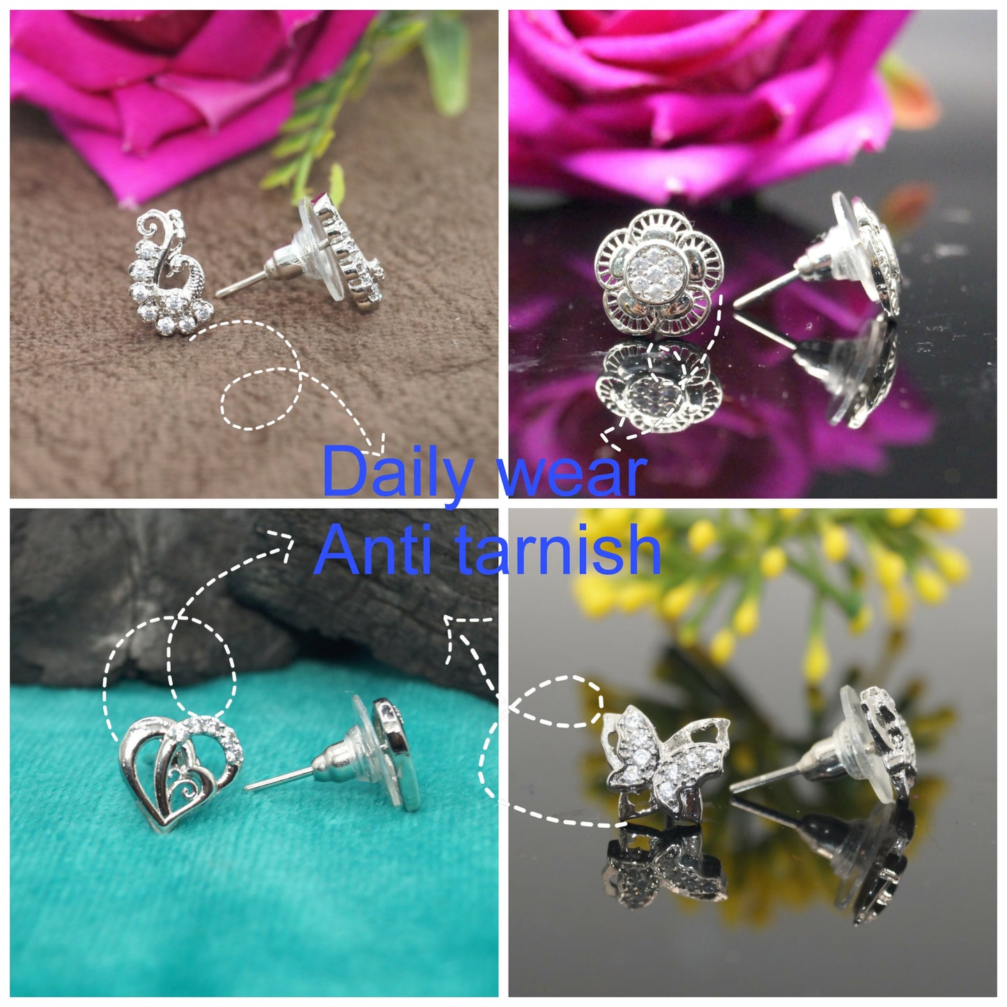 Mix and match sterling silver stud earrings showcasing butterfly and floral motifs