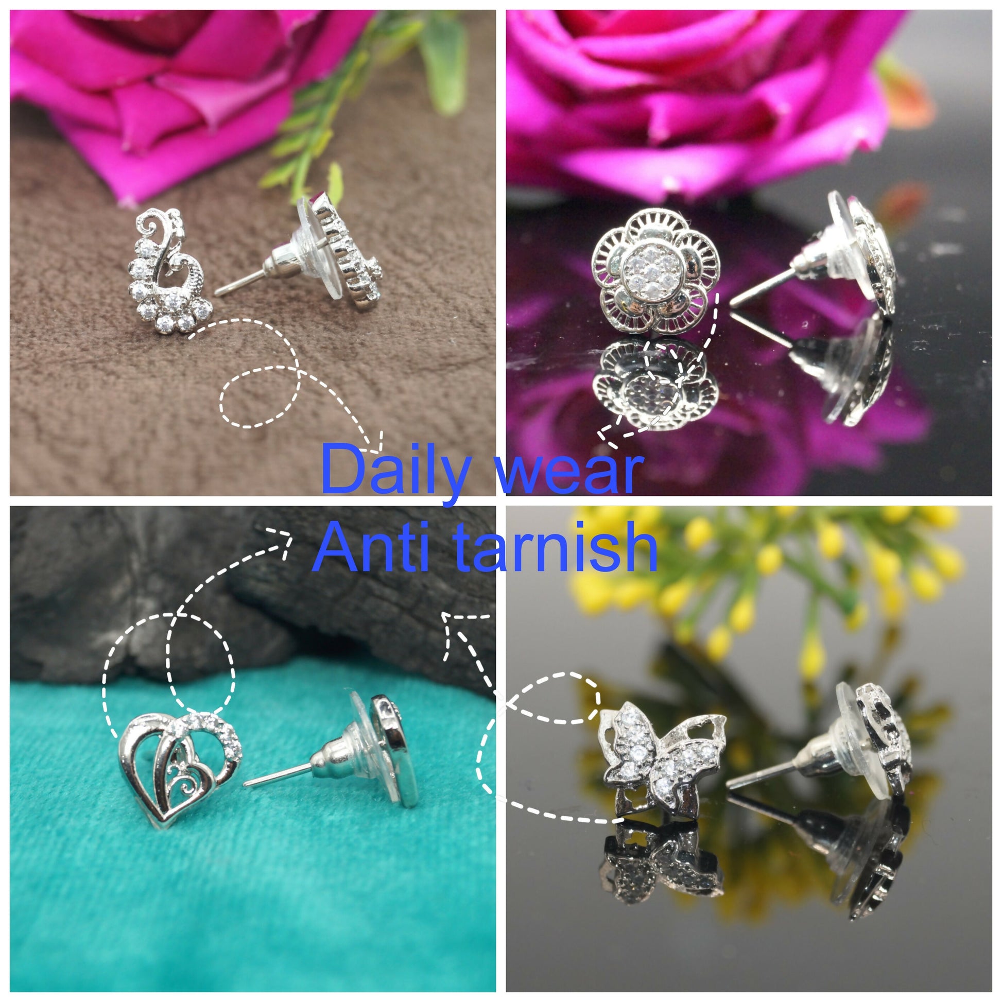 Mix and match sterling silver stud earrings showcasing butterfly and floral motifs