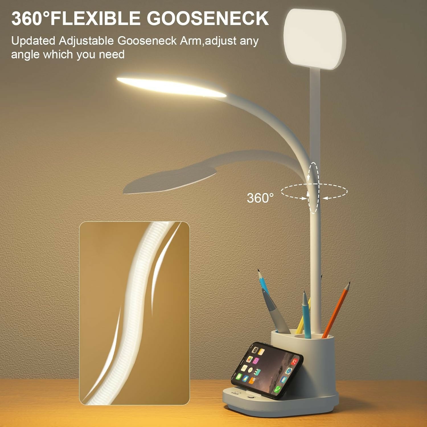 LED desk lamp with adjustable neck and phone holder