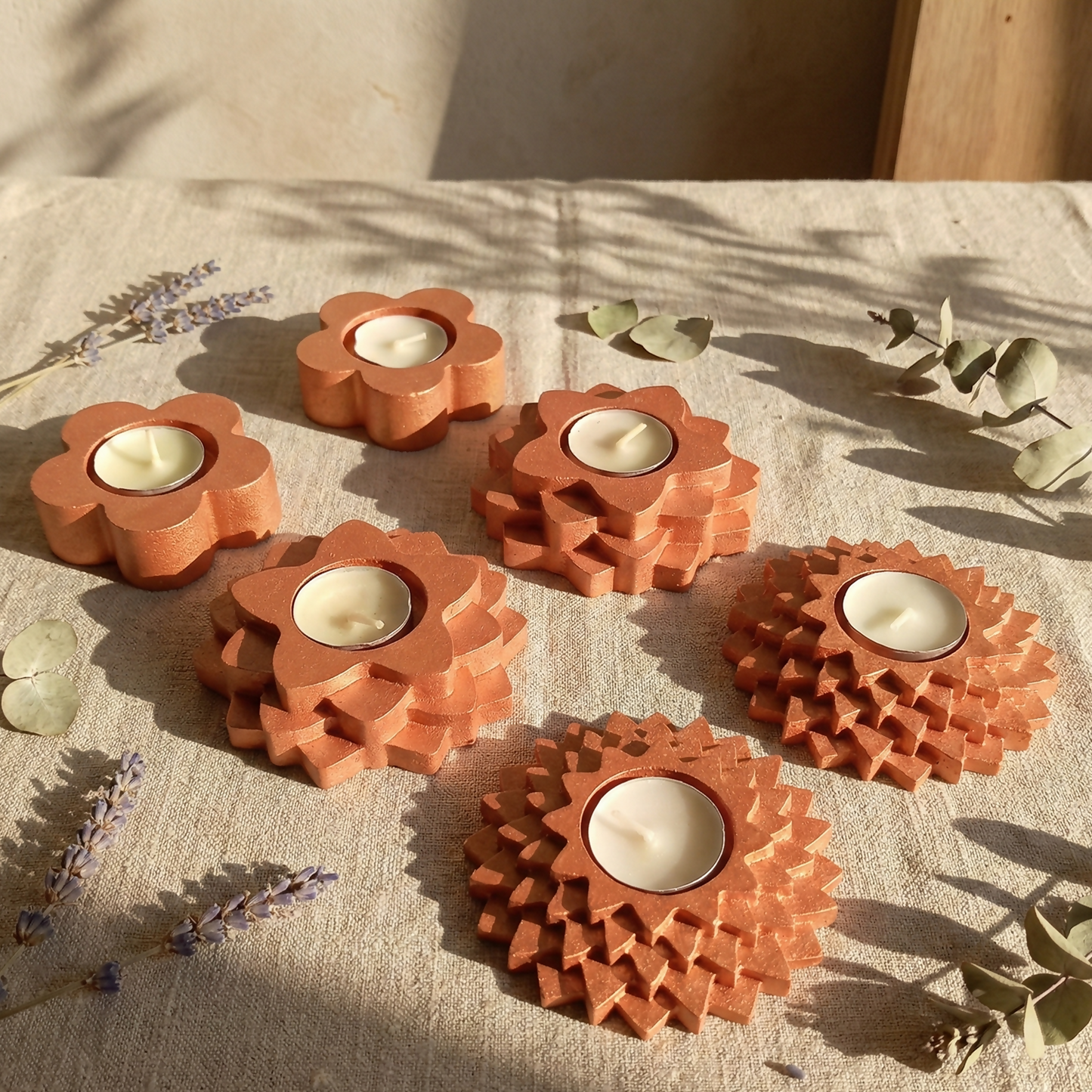 5-Step, 4-Step, Flower shaped combo gypsum articles – Multi-Purpose Candle Holder, Dhoop Cone Stand, Pooja Diya & Mini Planter (Pack of 6 - Rose Gold, Metallic Pink)