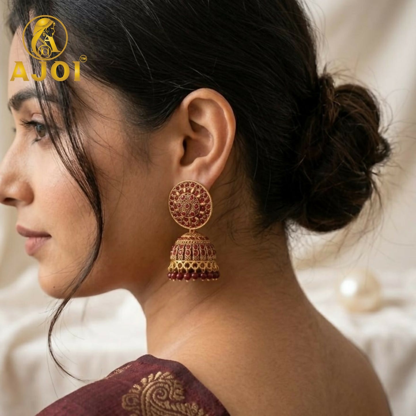 Antique Gold Maroon Stone Jhumka Earrings Traditional Ethnic Design