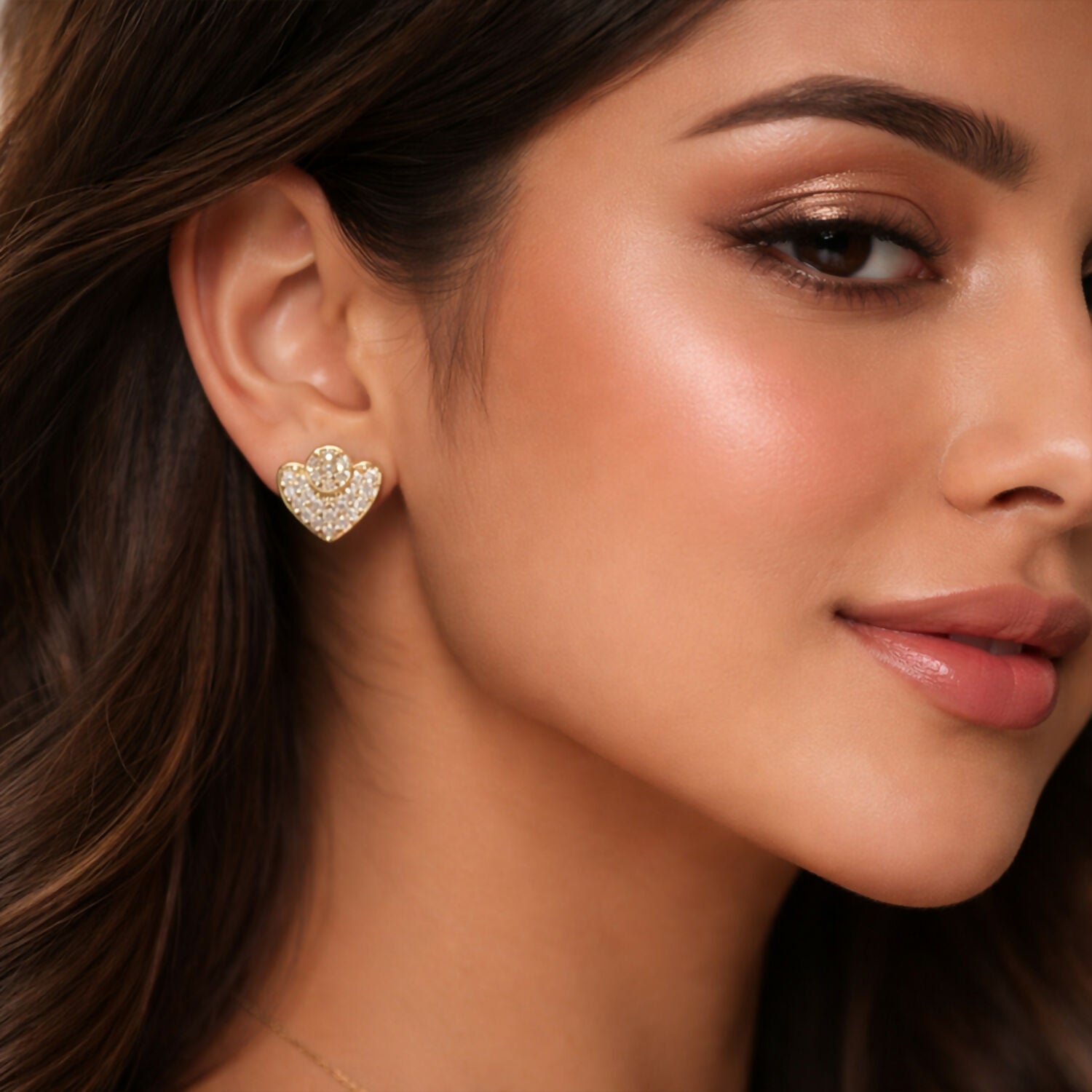 Gold Finish Heart Shape Stud Earrings with Stone Work for Women & Girl - Stylish Daily Party Wear Jewellery