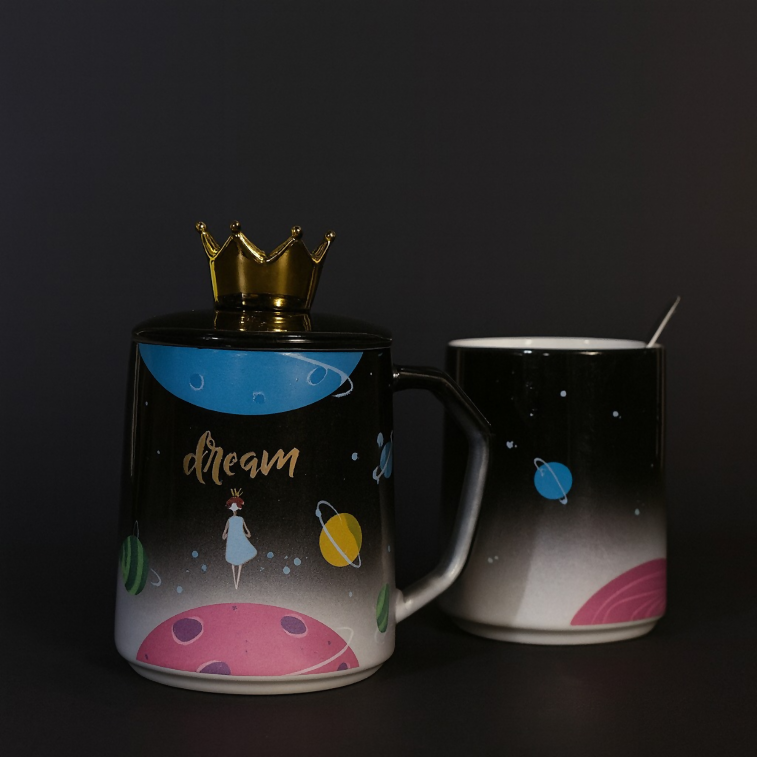 Premium Ceramic Dream Mug with Golden Crown Lid & Spoon | Luxury Galaxy Theme Coffee & Tea Cup for Home, Office & Gifting | Cute Designer Mug with Lid for Hot Beverages | Ideal Birthday, Anniversary & Festive Gift