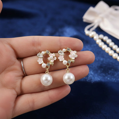 Vintage Rose Pearl Stud Earrings for Women – Elegant Gold Floral Design