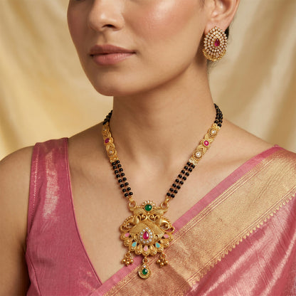Mirrored Twin Peacock Pendant with Pastel Drop Long Double Strand Mangalsutra