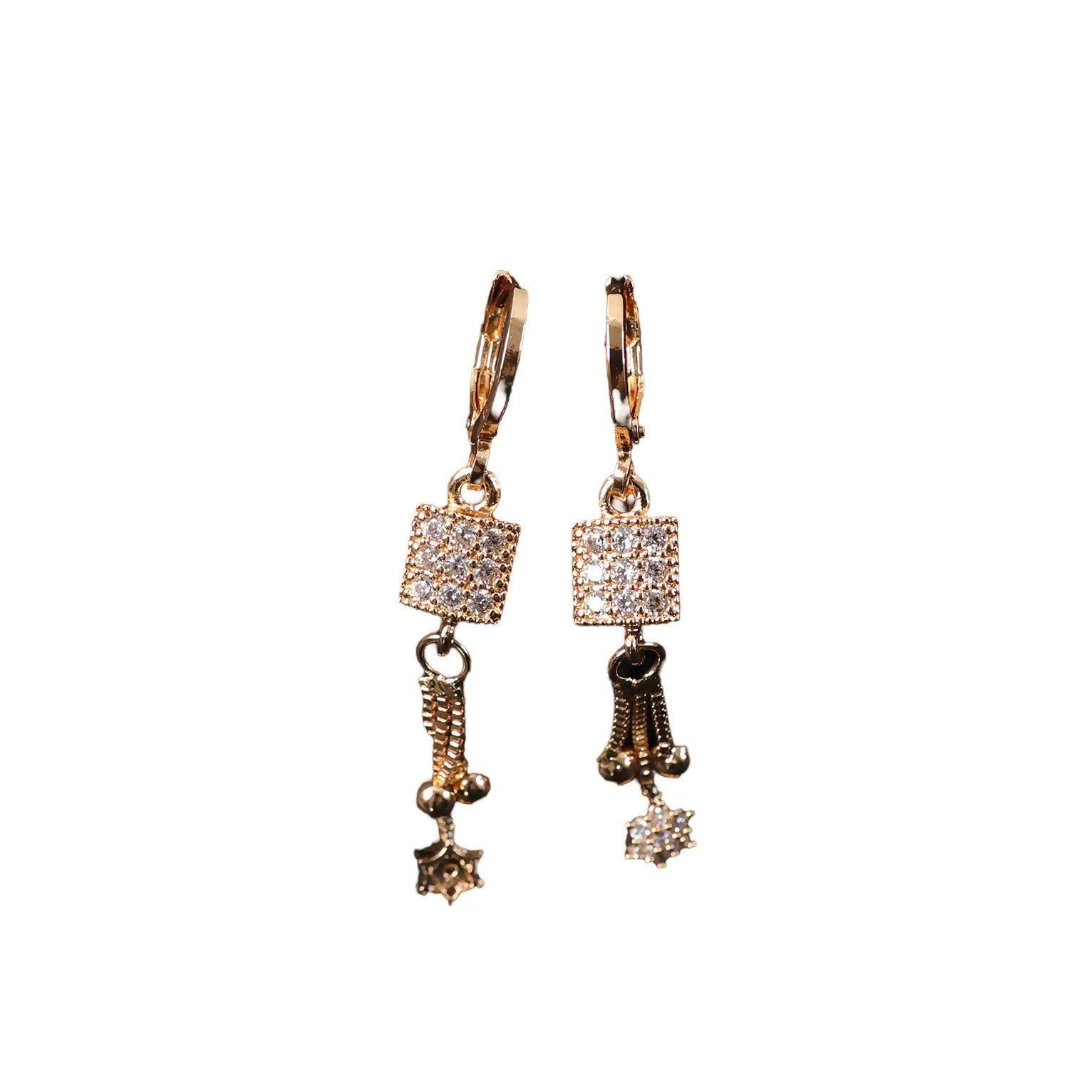 Stylish gold finish square drop earrings showcasing chain tassel and star charm details
