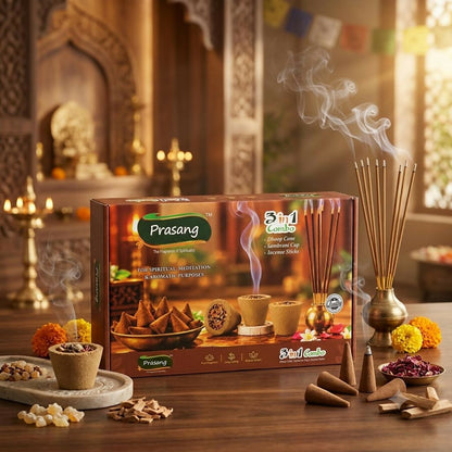 A brown box of Prasang 3-in-1 combo with incense items and burning dhoop cones, sambrani cups, and incense sticks.