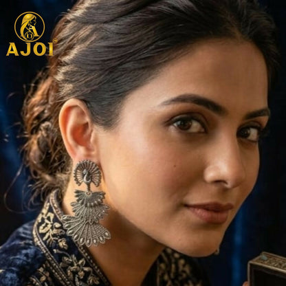Oxidized Silver Earrings with Jhumka and Peacock Set of 3
