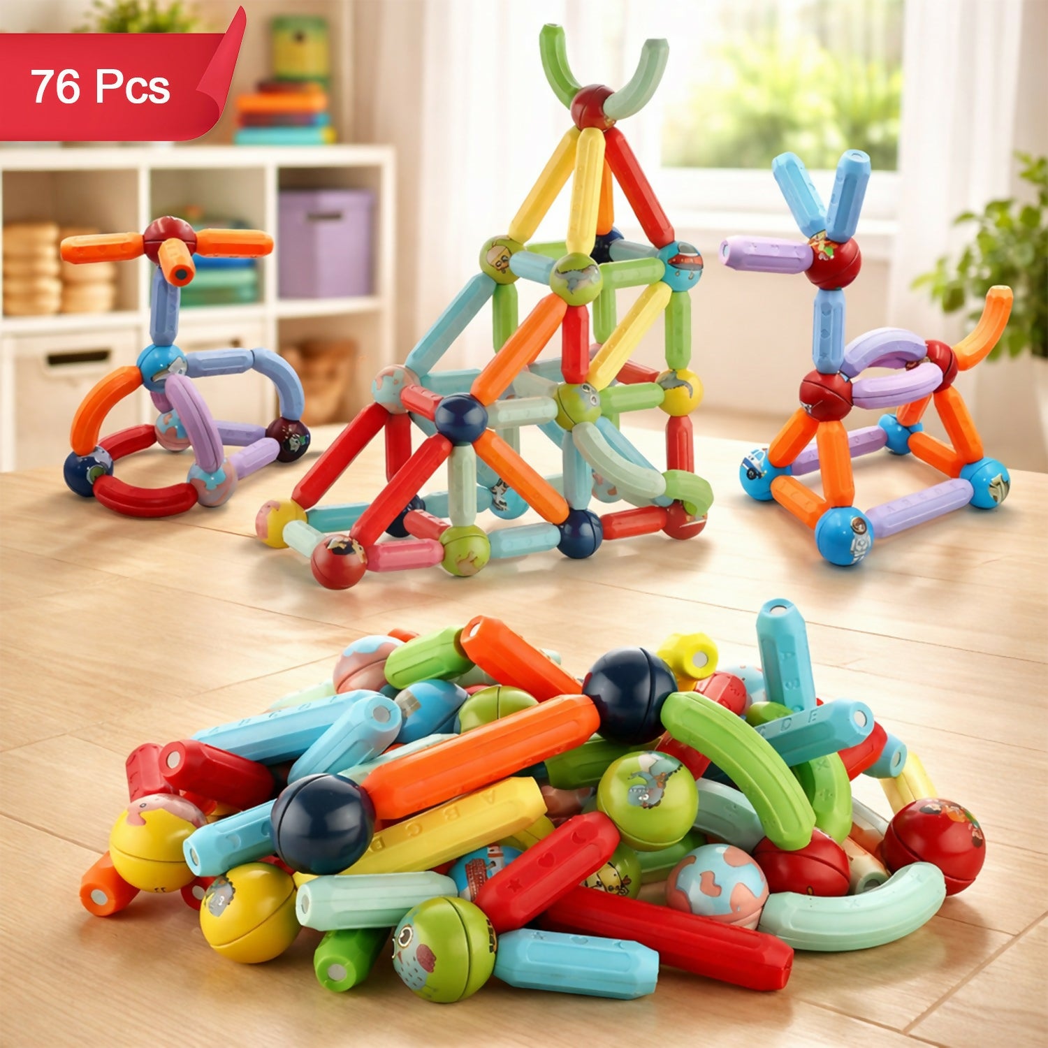 Components of the 28-piece 3D magnetic tiles building set arranged