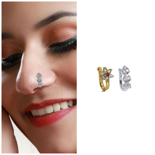 Silver Plated Floral & Heart Press-On Nose Ring Set for women and girls