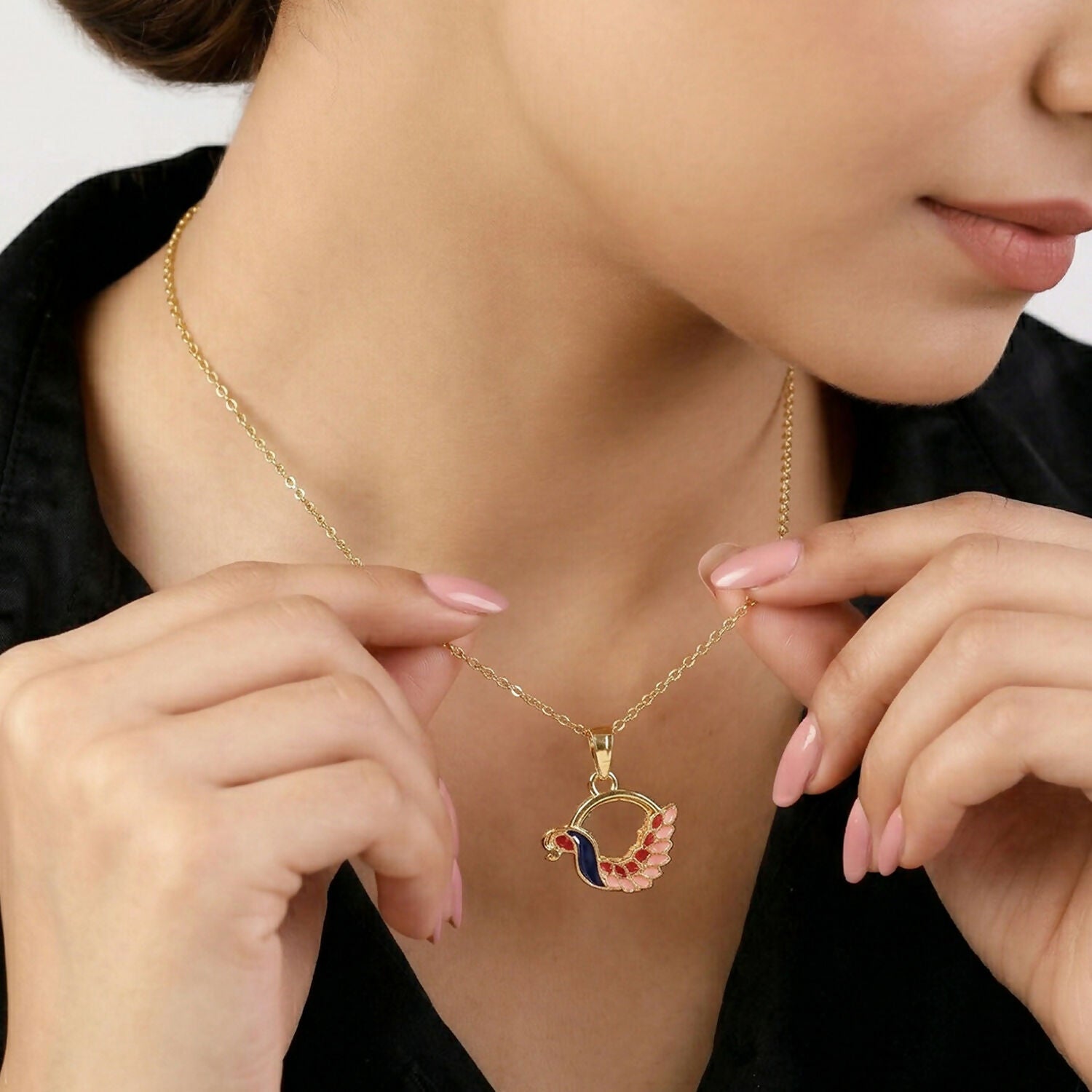 Colorful Enamel Swan Pendant Necklace on Gold Chain