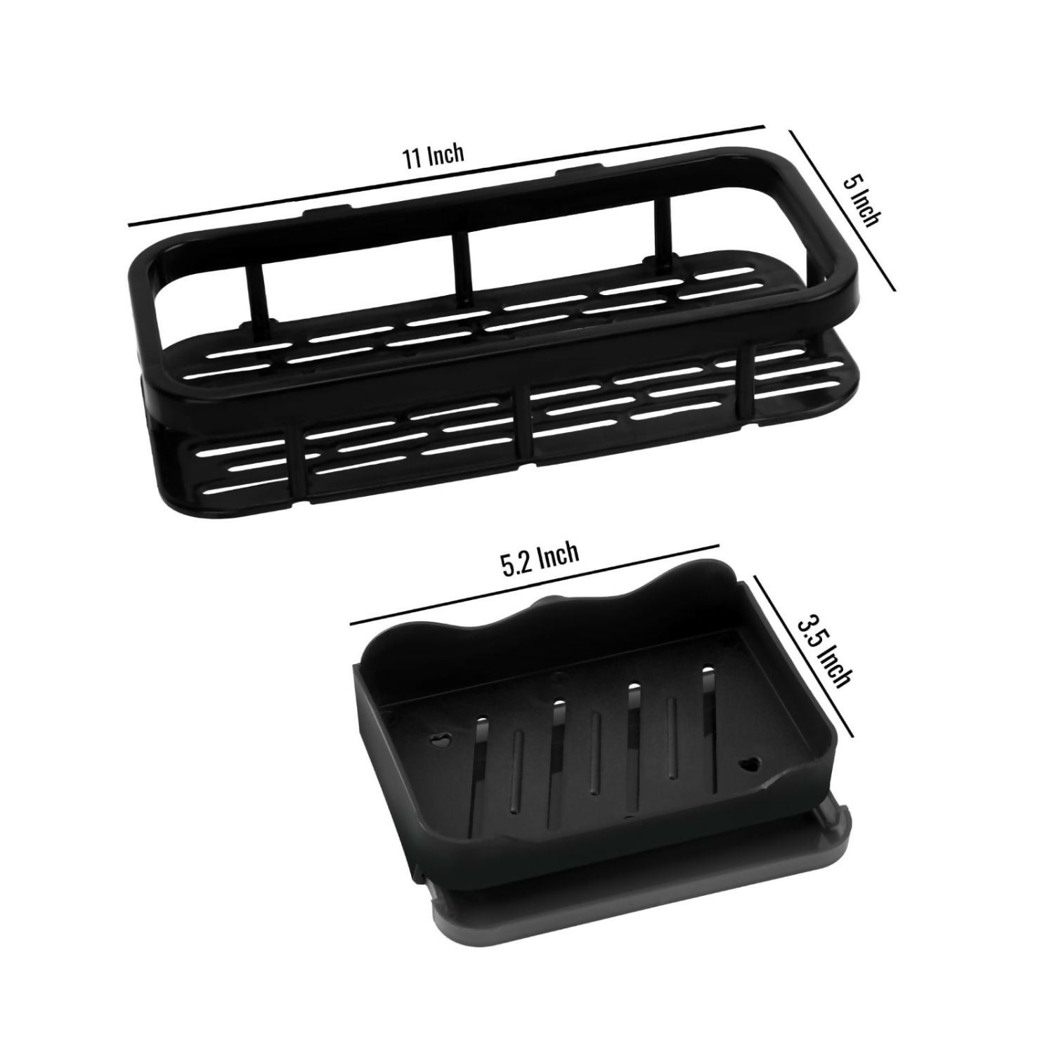 Bathroom organizer shelf holding toiletries, with hooks & soap