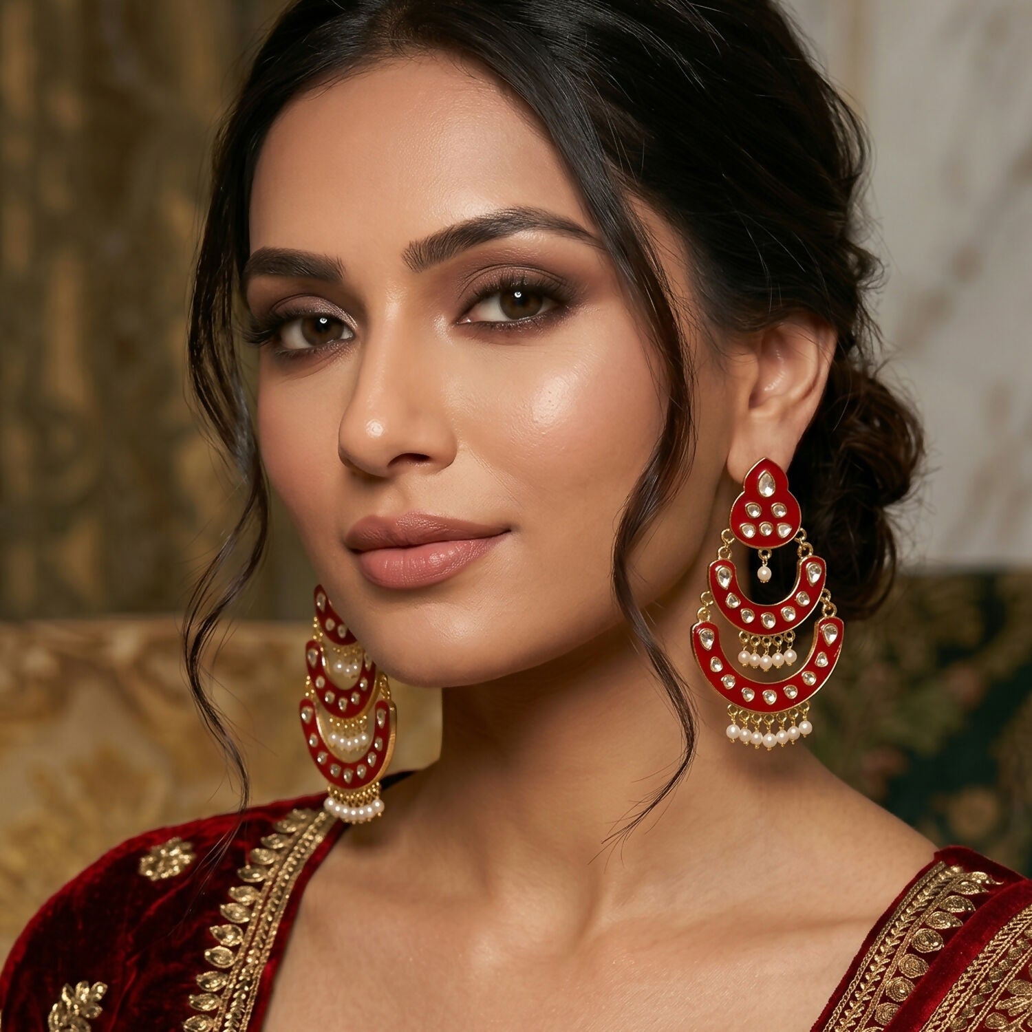 Close-up of red layered chandbali earrings showing golden borders and stones