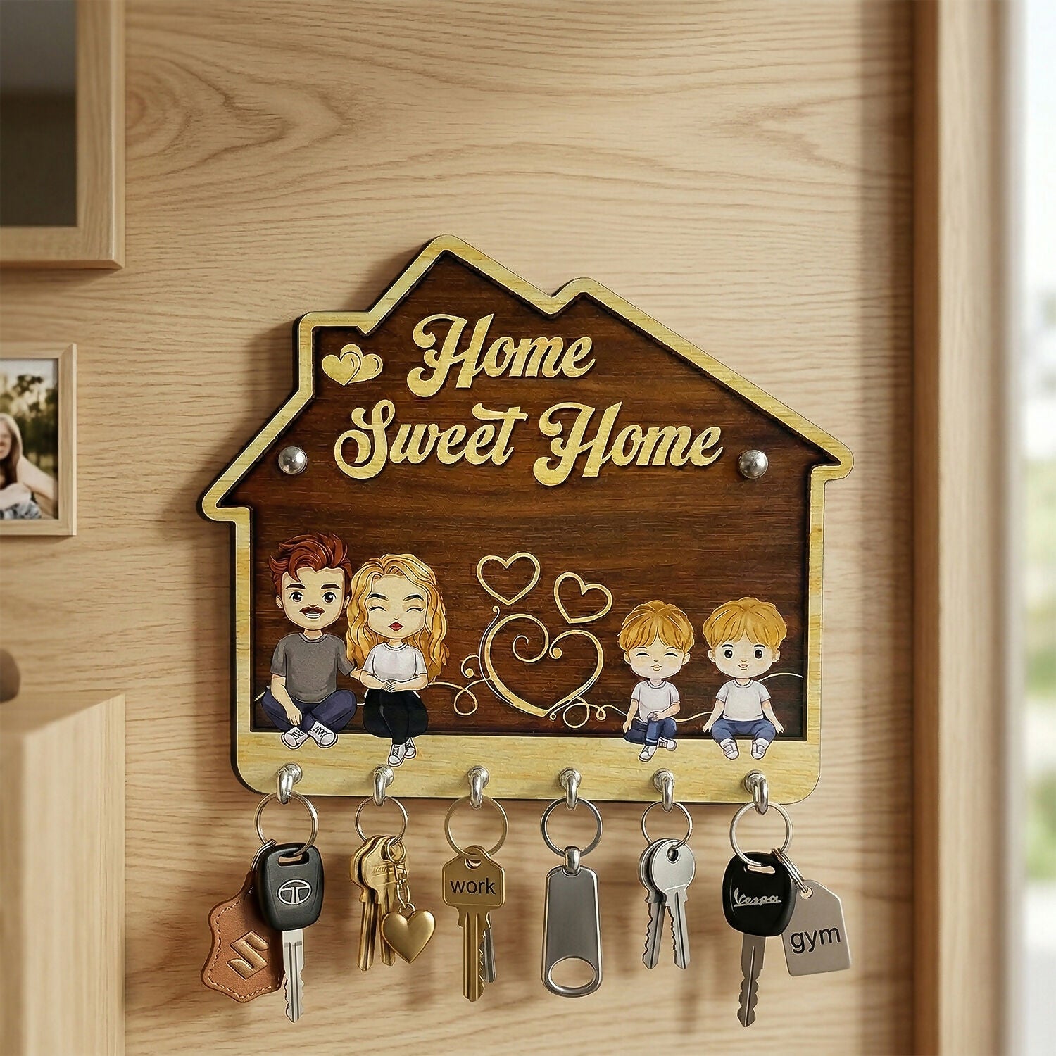Home Sweet Home Wooden Key Holder with 5 Hooks Decorative Wall Key Stand for Home
