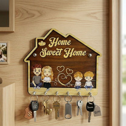 Home Sweet Home Wooden Key Holder with 5 Hooks Decorative Wall Key Stand for Home