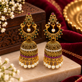Royal Antique Gold Jhumka Earrings with Green Pink Stones and Pearl Danglers