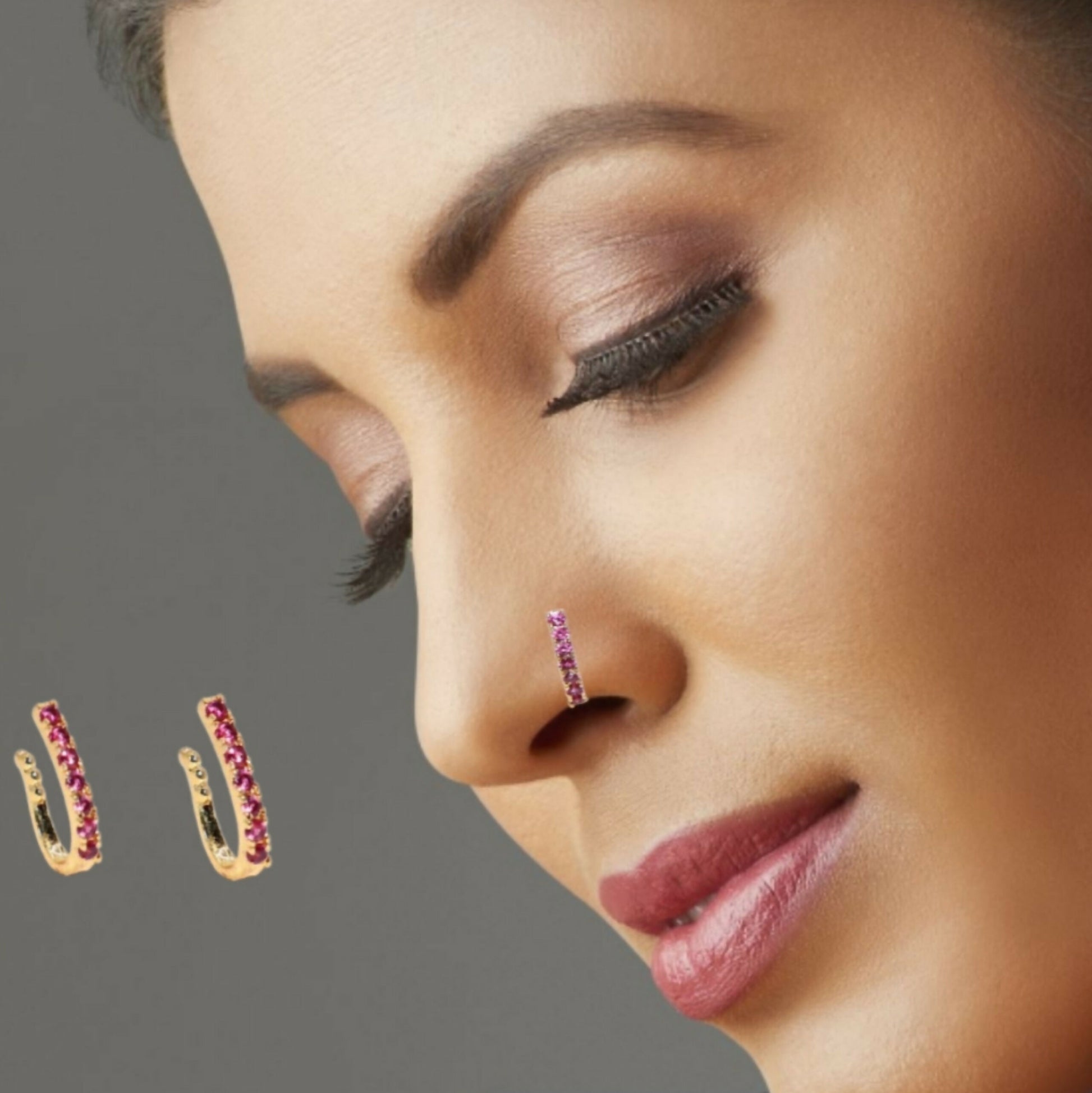 Double Row Pink Gem Nose Ring/Pin | Gold/Silver Plated Combo Pack of 2