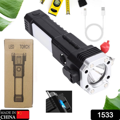 Portable LED torch with hammer and magnets, ideal for outdoor use.