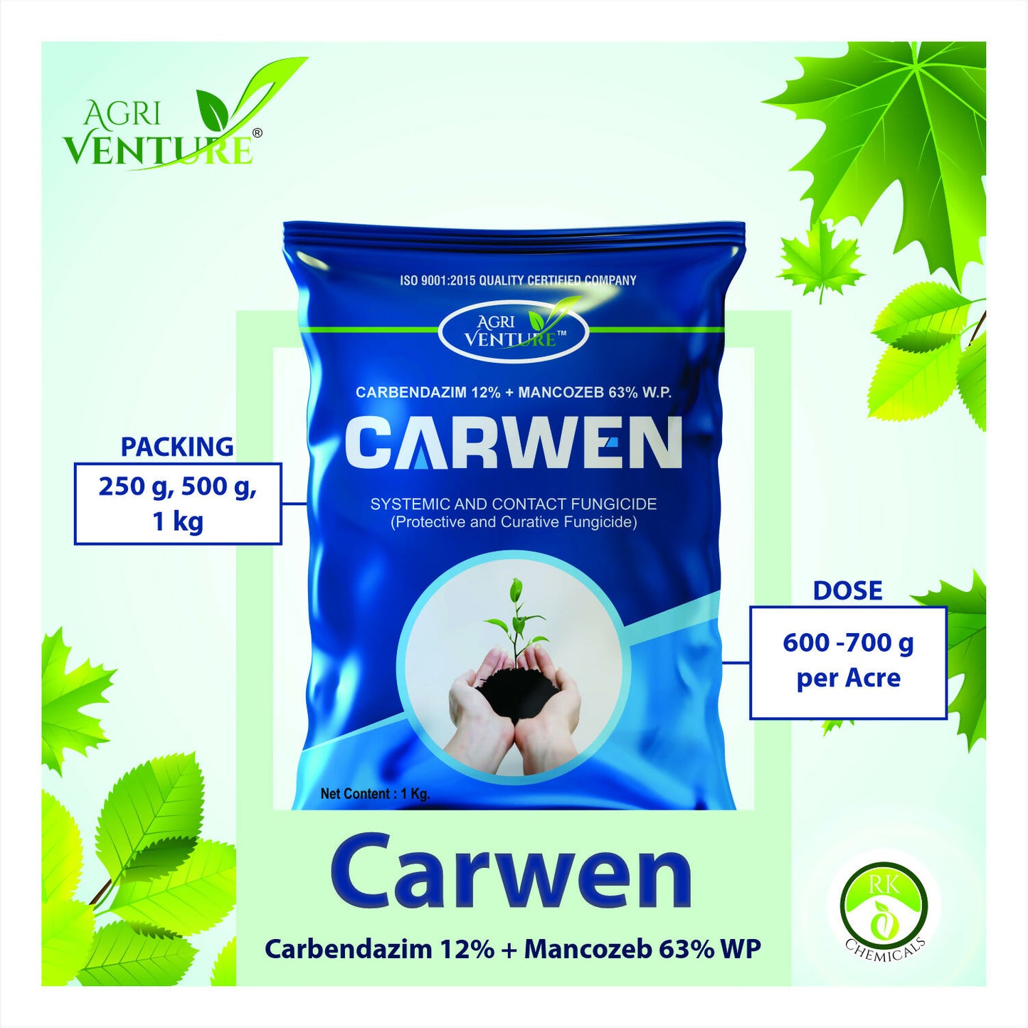AgriVenture CARWEN (Carbendazim 12% + Mancozeb 63 % WP) Broad Spectrum Systemic And Contact Fungicide (1Kg)