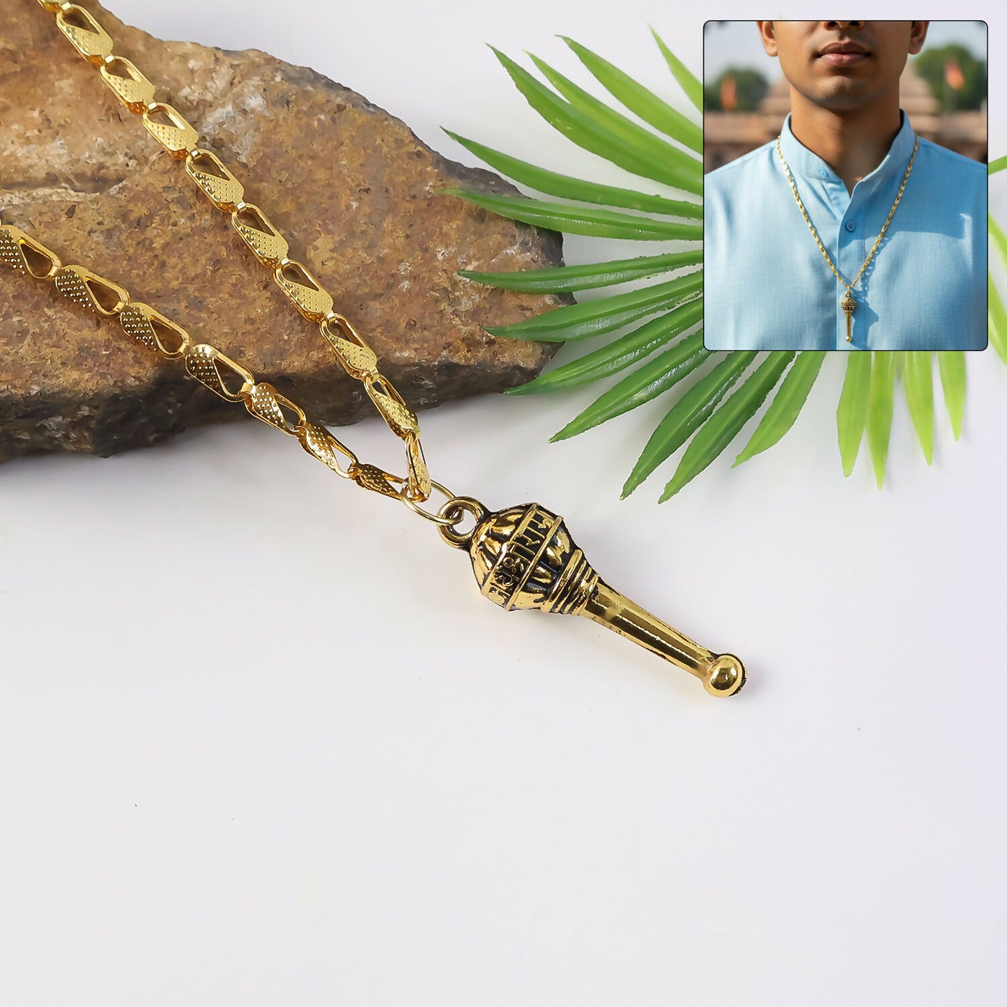 Golden Hanuman Gada Pendant with Chain – Devotional, Stylish & Lightweight Accessory for Daily Wear