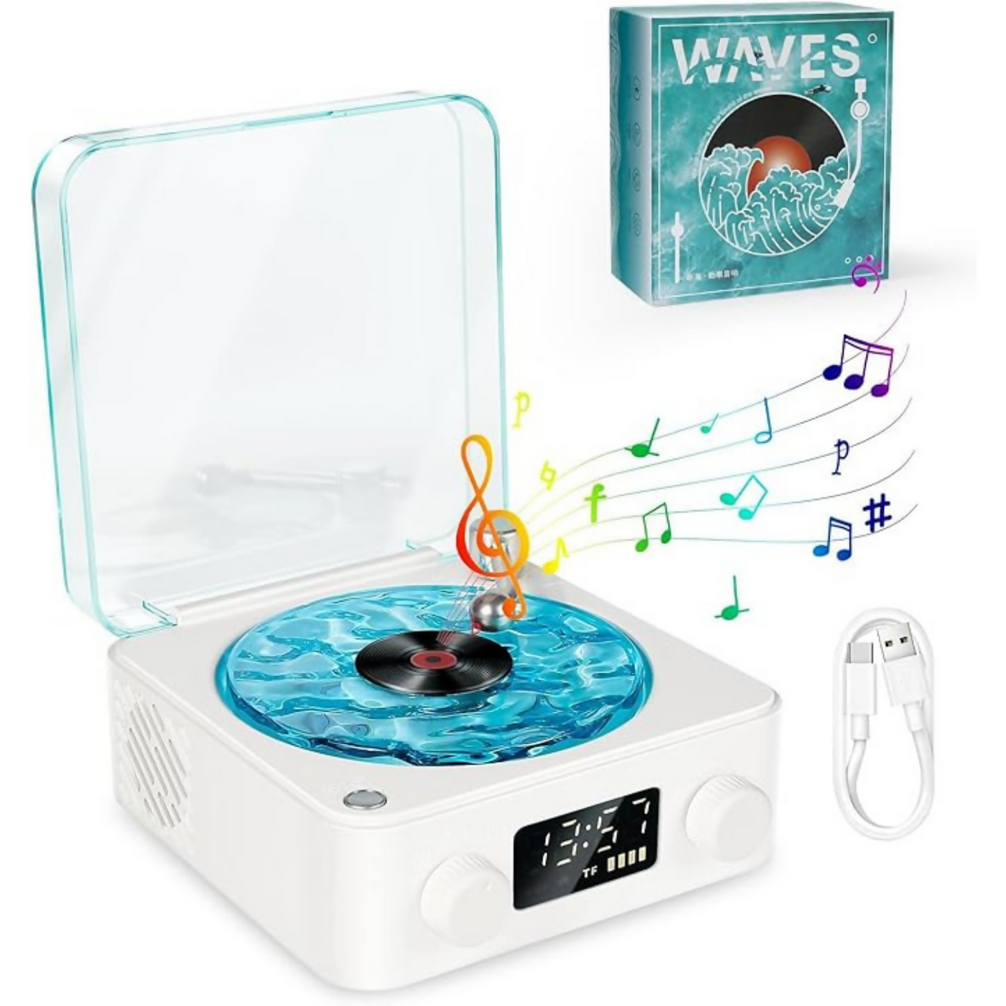WAVES Ocean Vinyl Record Player Bluetooth Speaker with Night Light Projector, Alarm Clock & White Noise Machine – 4 Playback Modes (BT/TF/AUX/White Noise), Gradient & Solid Light Effects, Stepless Volume, Easy Connection