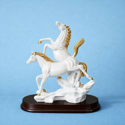 Side view of double horse decorative statue with golden accents