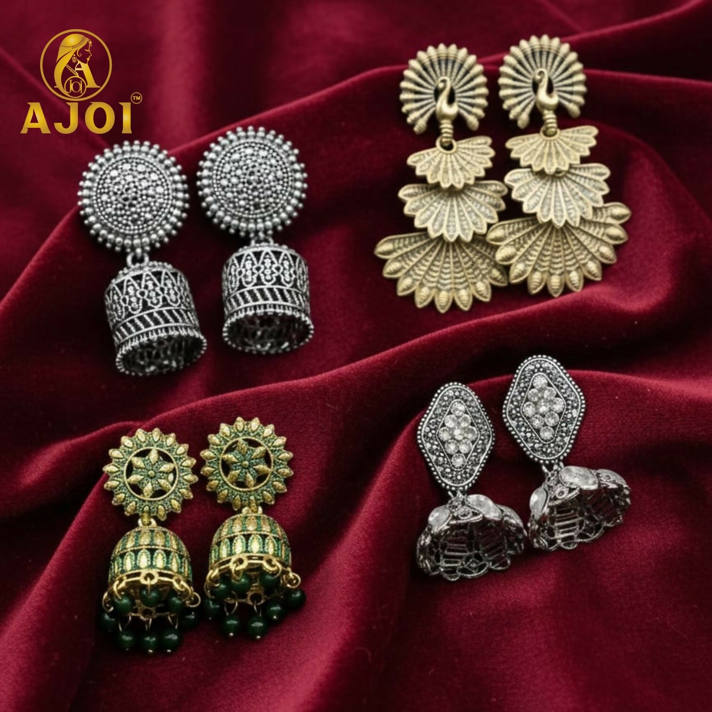Classic green-bead jhumkas from Royal Fusion Statement Earrings enhancing ethnic wear