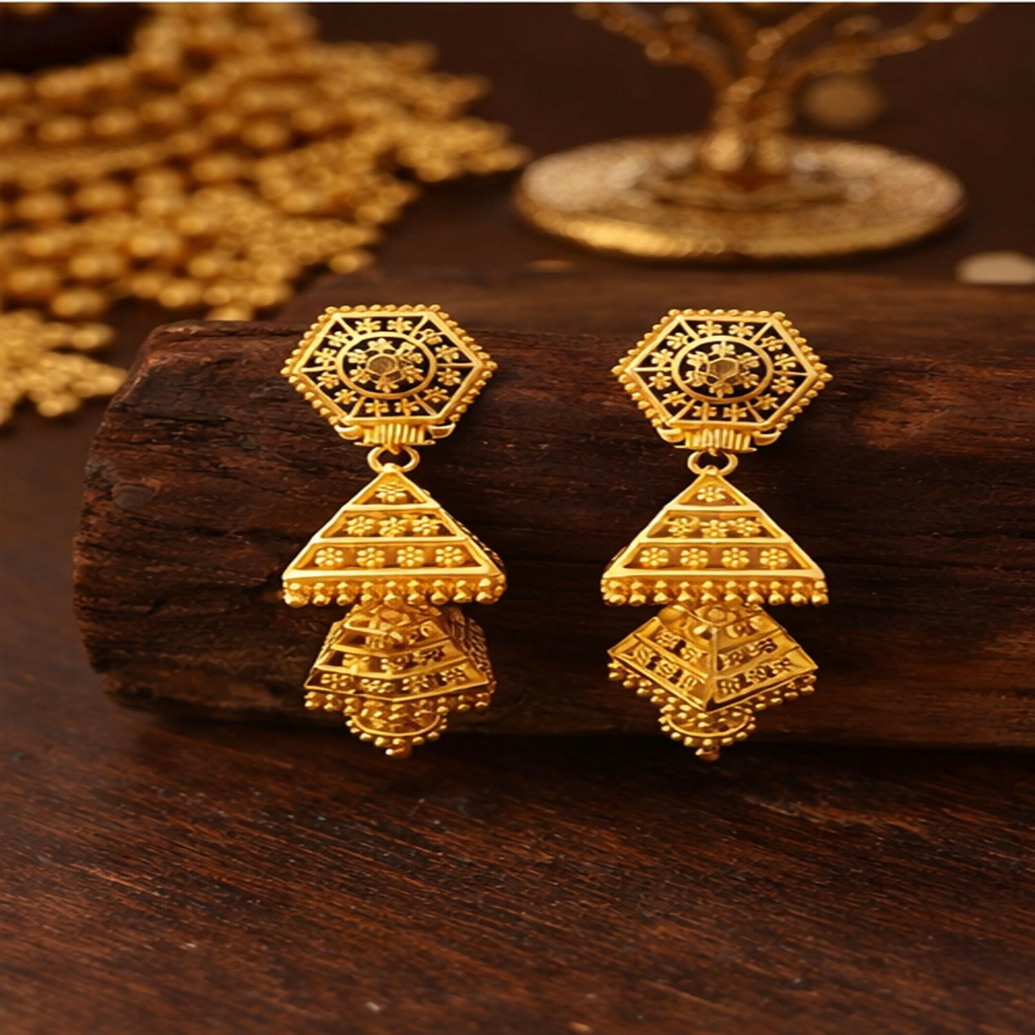 Ethnic Designer Dangling Earrings with Intricate Hexagon Motif