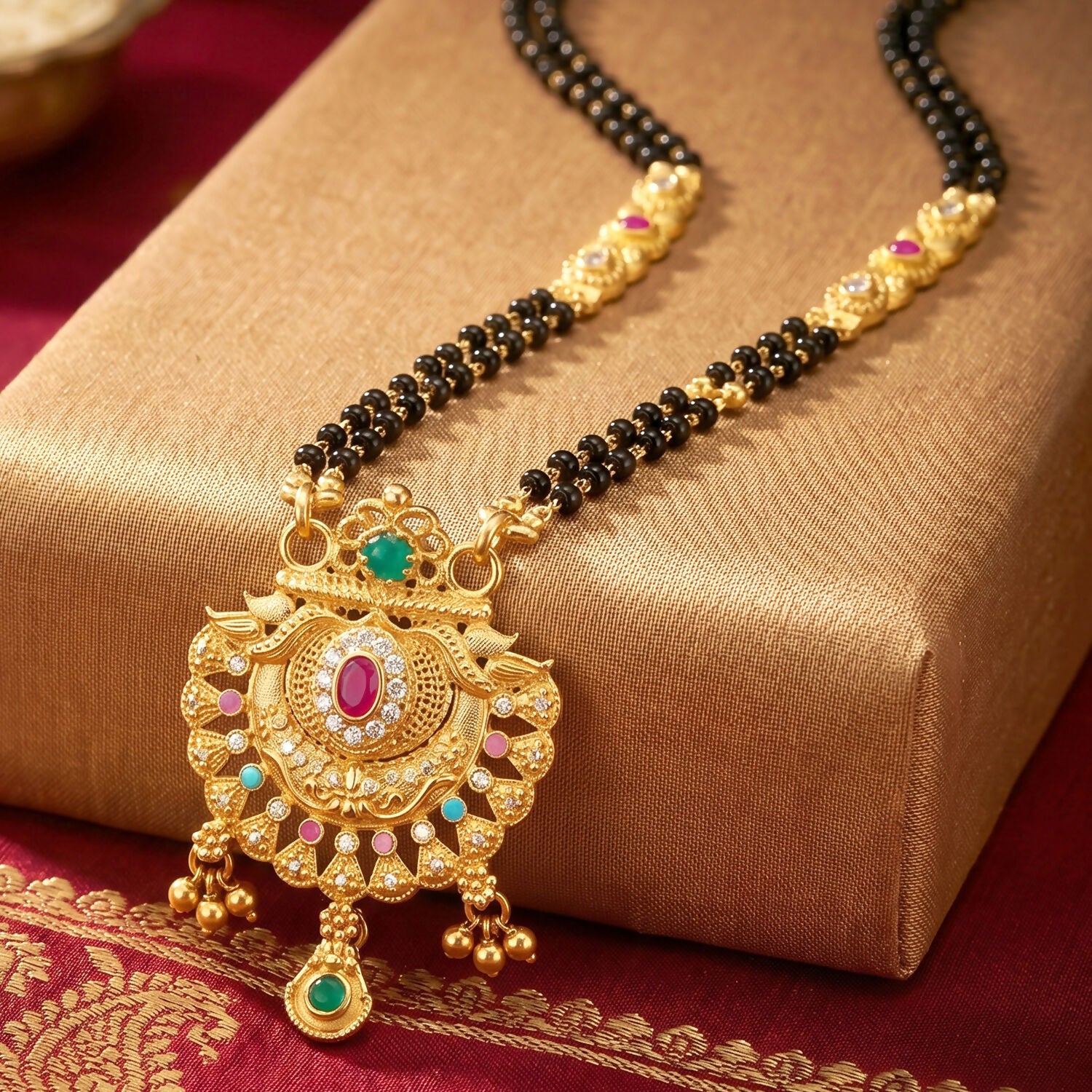 Antique Finish Lotus Peacock Fan Pendant with Multi-Petal Enamel Extra Long Double Strand Mangalsutra