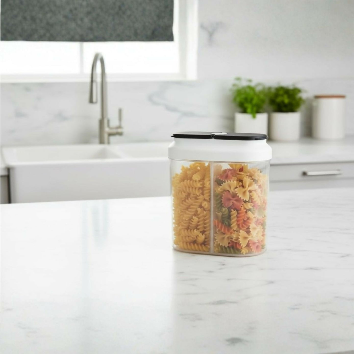 Airtight storage container on a kitchen pantry shelf