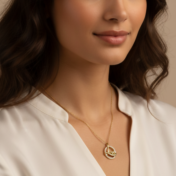 Close-up of Love script in flowing typography within a gold plated circular pendant with crystal accents