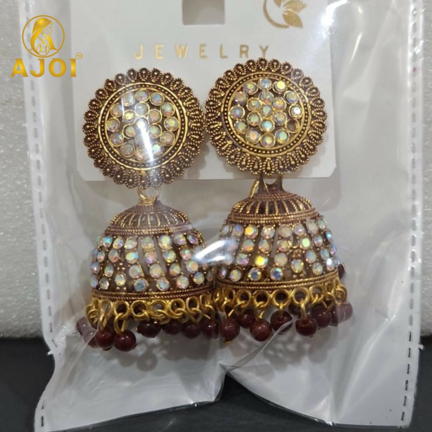 Antique Gold Pearl Jhumka Earrings with Maroon Ethnic Design