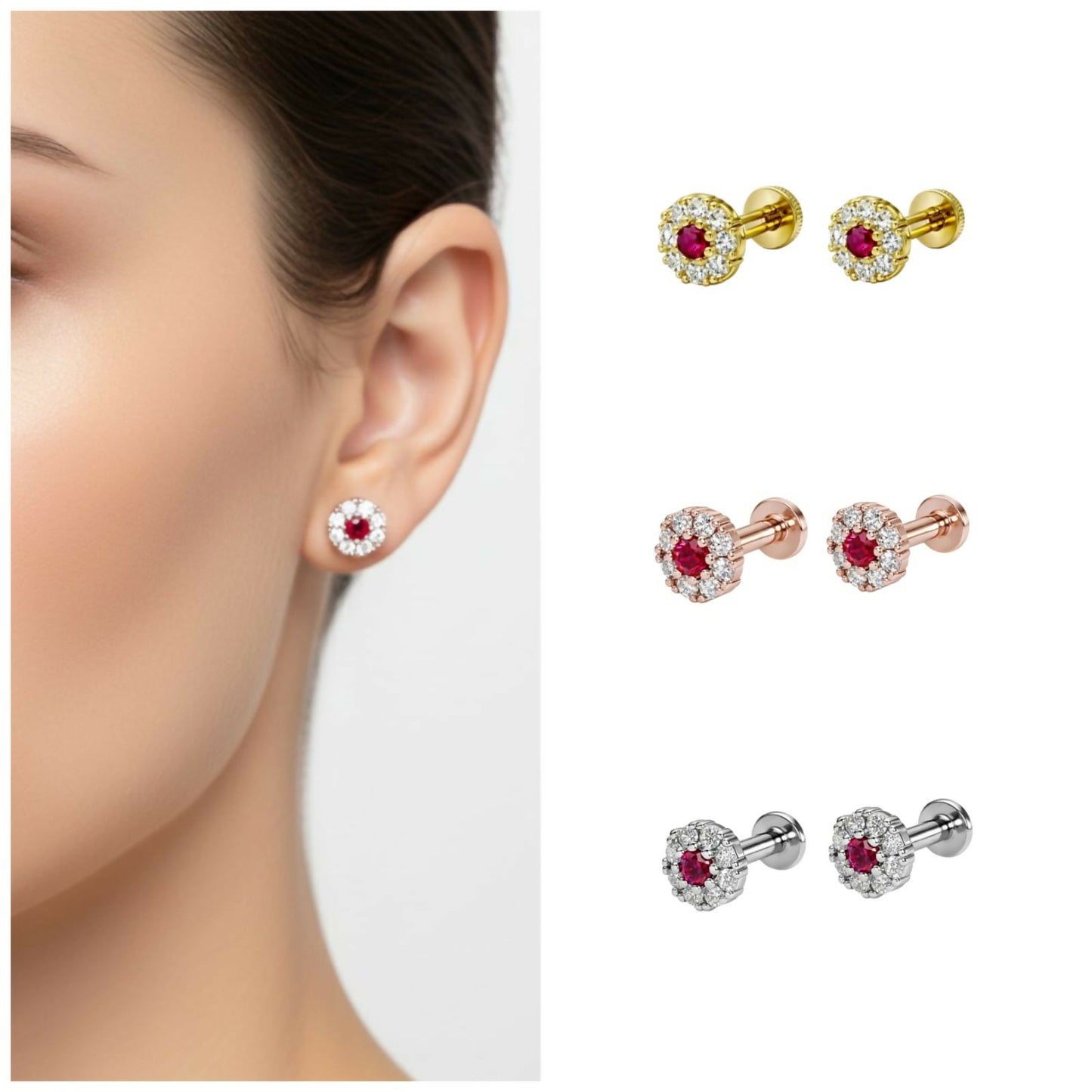 Rosegold plated Ruby and American Diamond stud earrings combo close-up