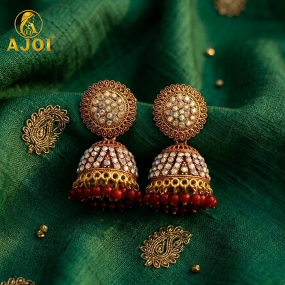 Elegant Gold-Plated Pearl Jhumka Earrings with Red Bead Drops