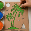 Rectangular Wooden Rangoli Stencil with Coconut Tree & Boat Design for Floor Decor