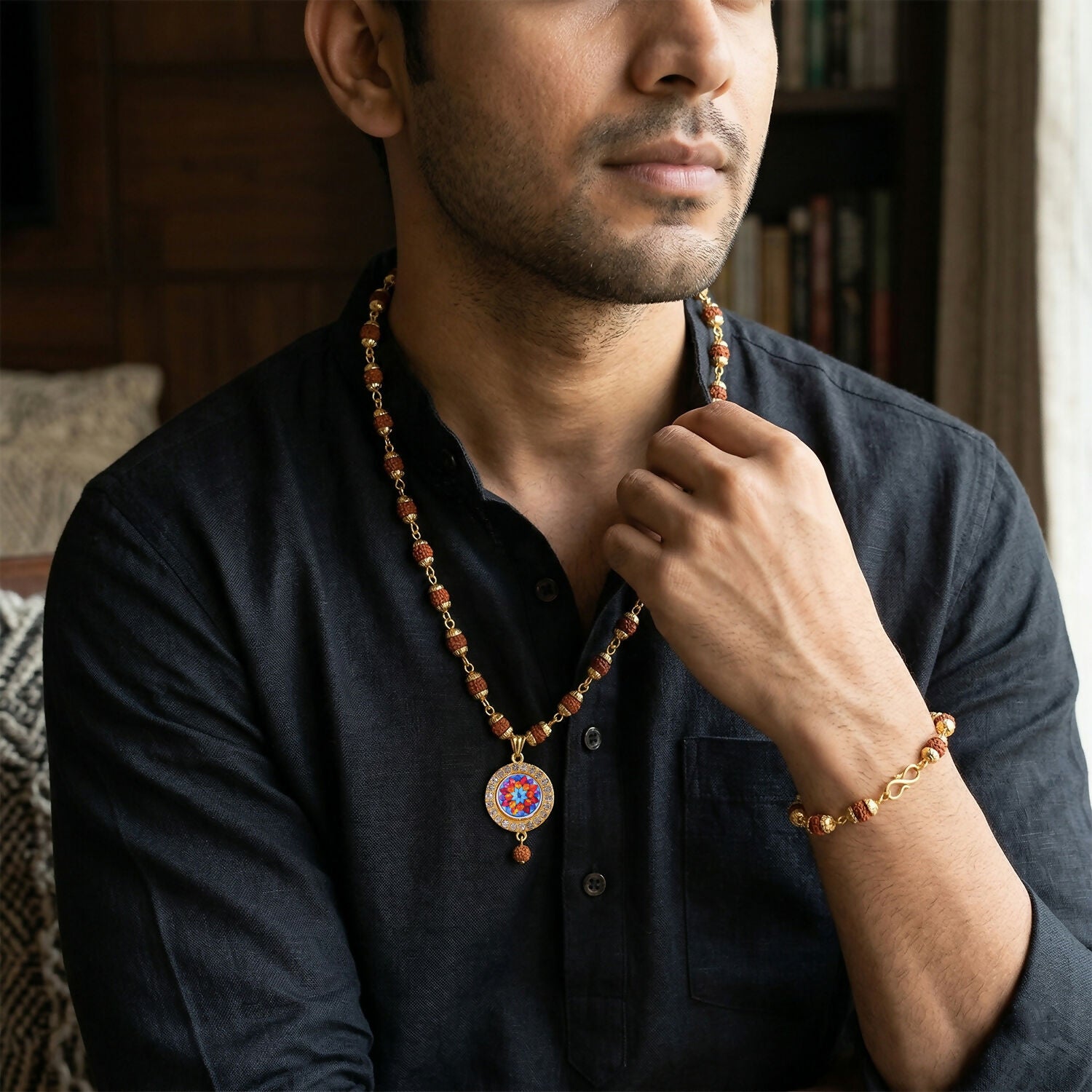 Rudraksha Necklace & Bracelet Set with Colorful Pendant