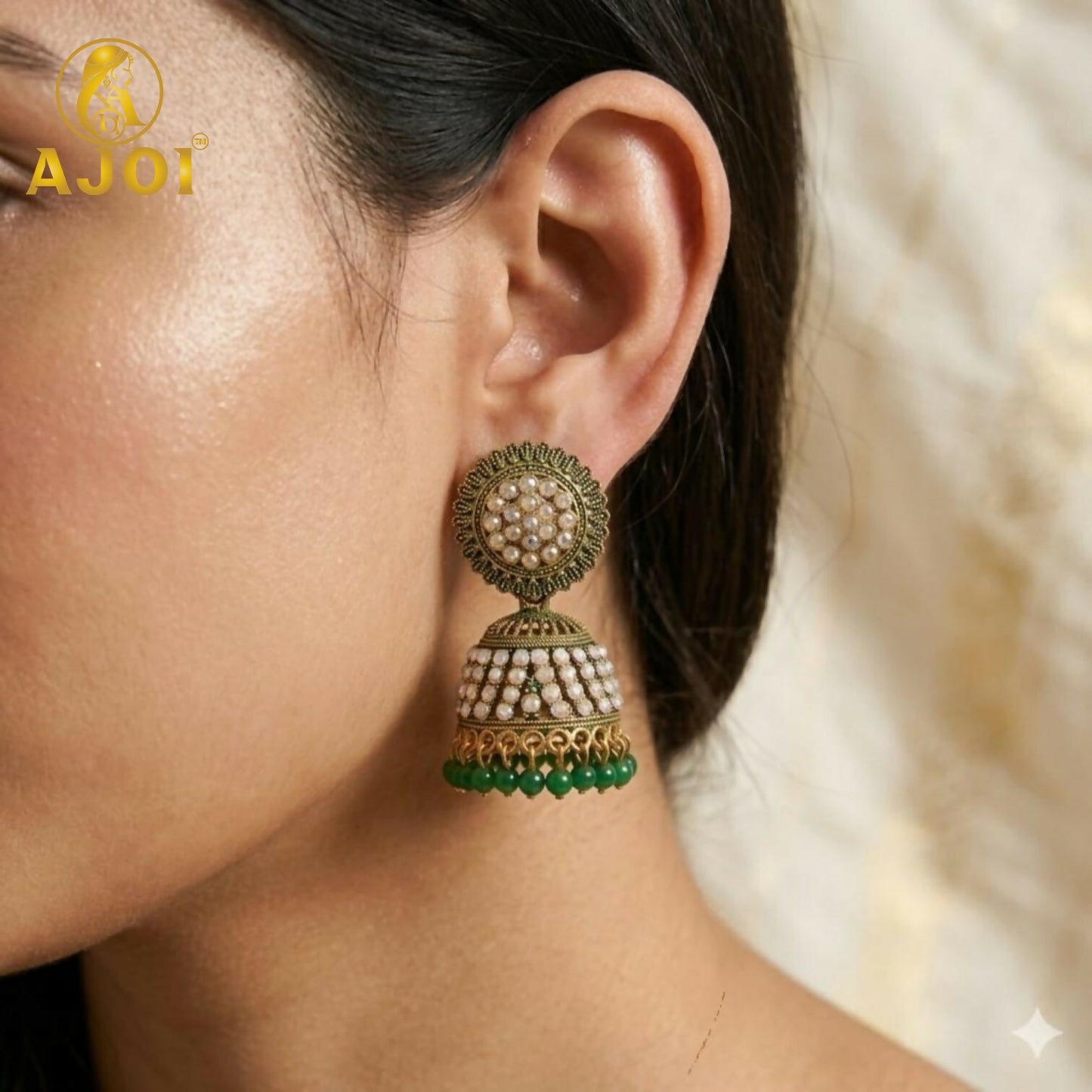 Antique Gold Pearl Jhumka Earrings with Elegant Green Bead Drops
