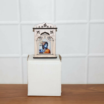 Wooden Krishna Mini Temple with Printed Image & Adhesive Base – Tabletop Mandir