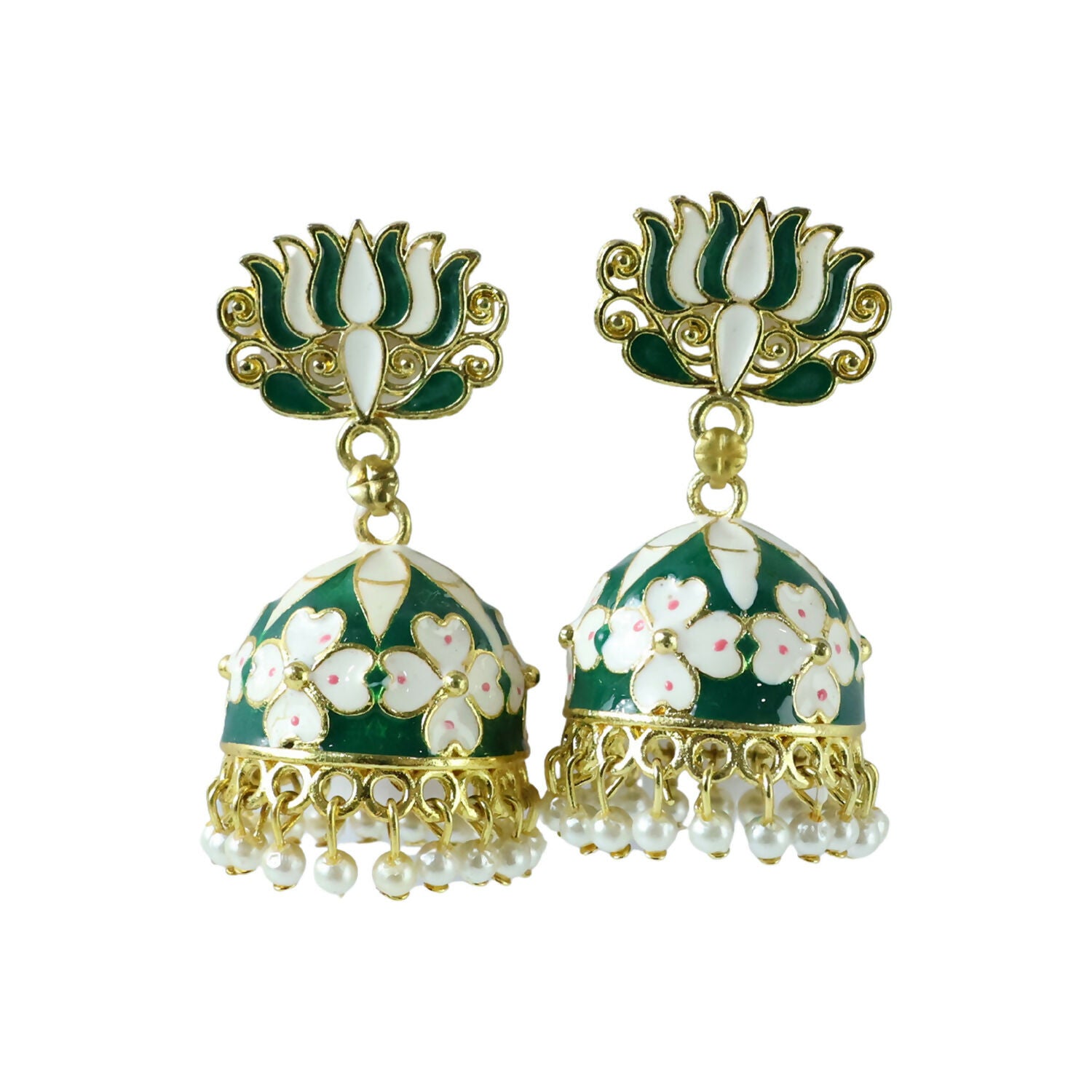 Back of green lotus jhumka earrings showing golden finish