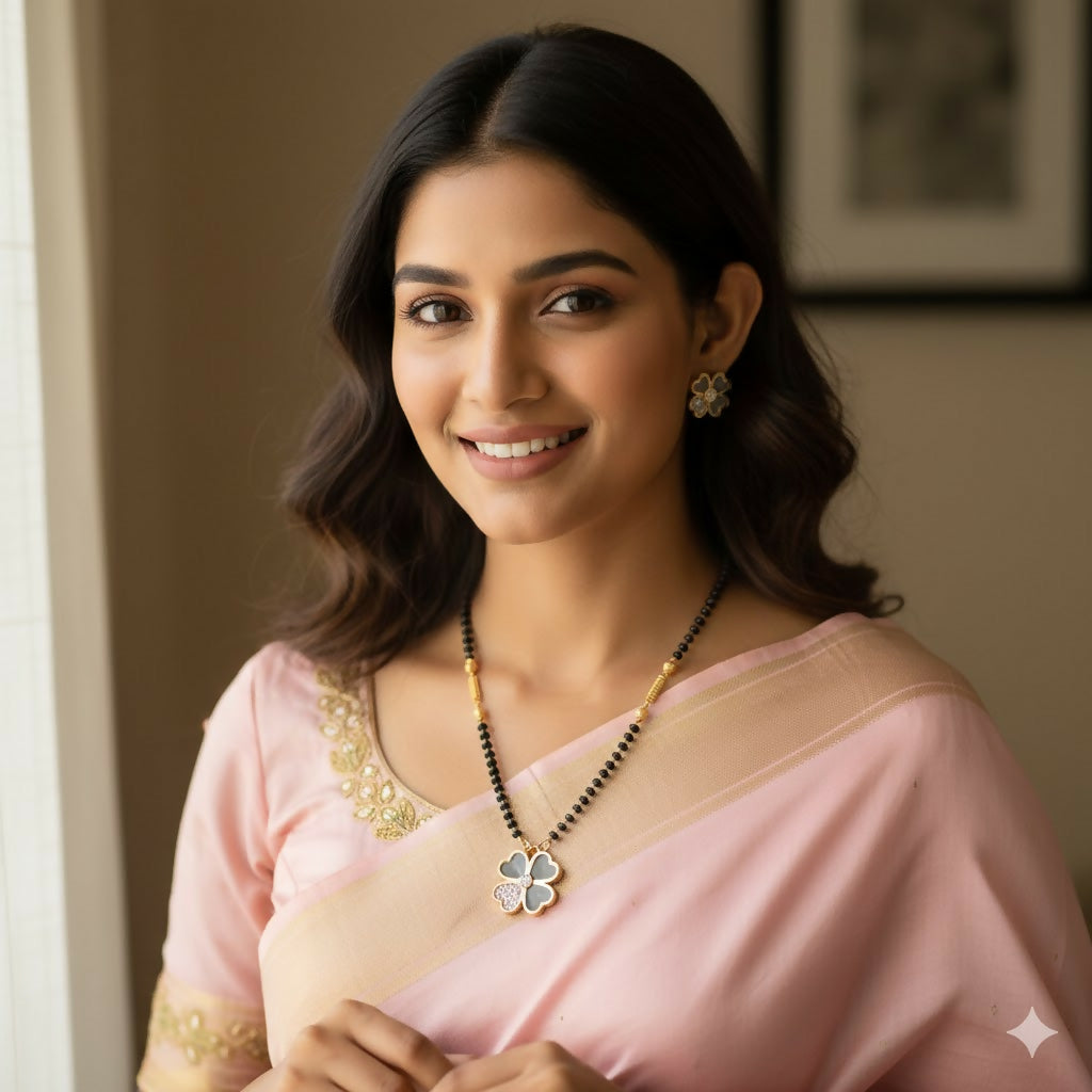 Close-up of modern clover pendant in floral mangalsutra set