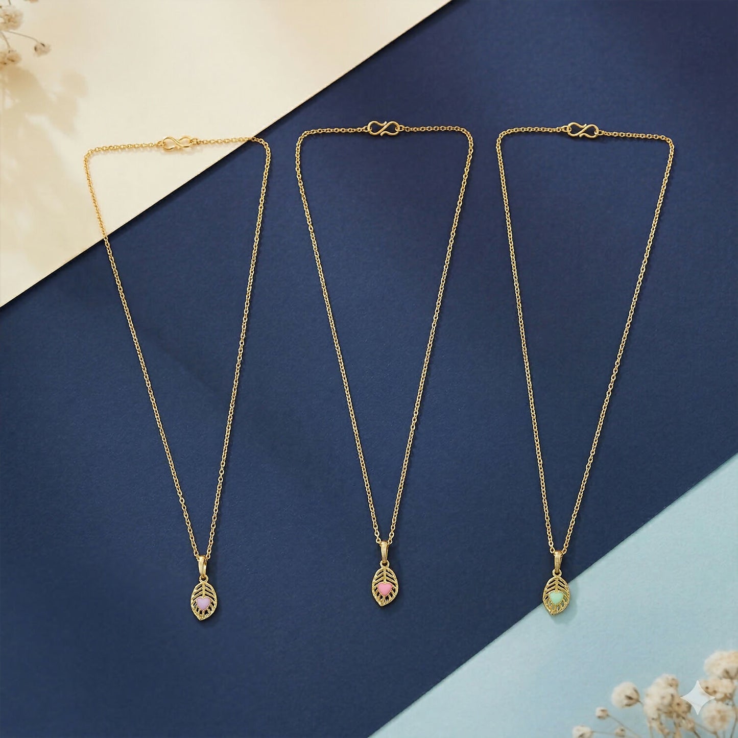 Elegant Heart Leaf Gold Pendant Necklaces with Enamel Detail