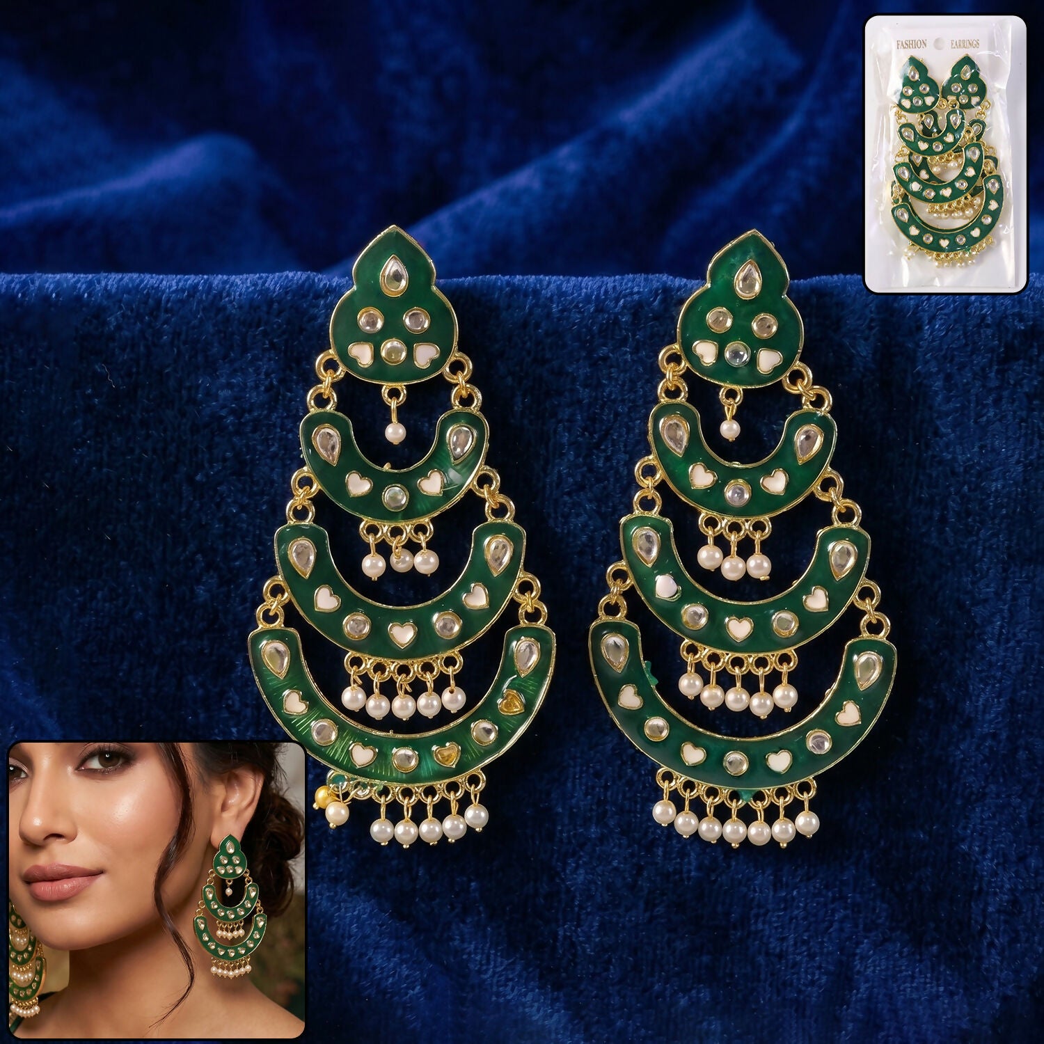 Green Layered Chandbali Earrings with Pearls for Women