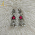 Peacock Jhumka Earrings – Antique Silver with Pink Stone & Pearls
